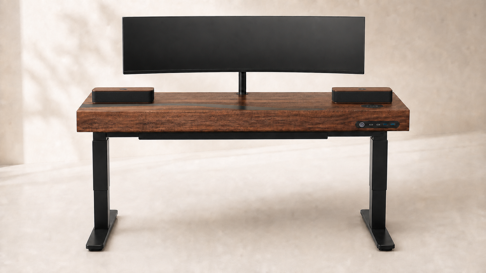 Finished Overkill desk concept with dockable stereo speakers, concealed computer, centered pipe-mounted ultrawide monitor, flush I/O, wireless charging insert, and adjustable-height legs